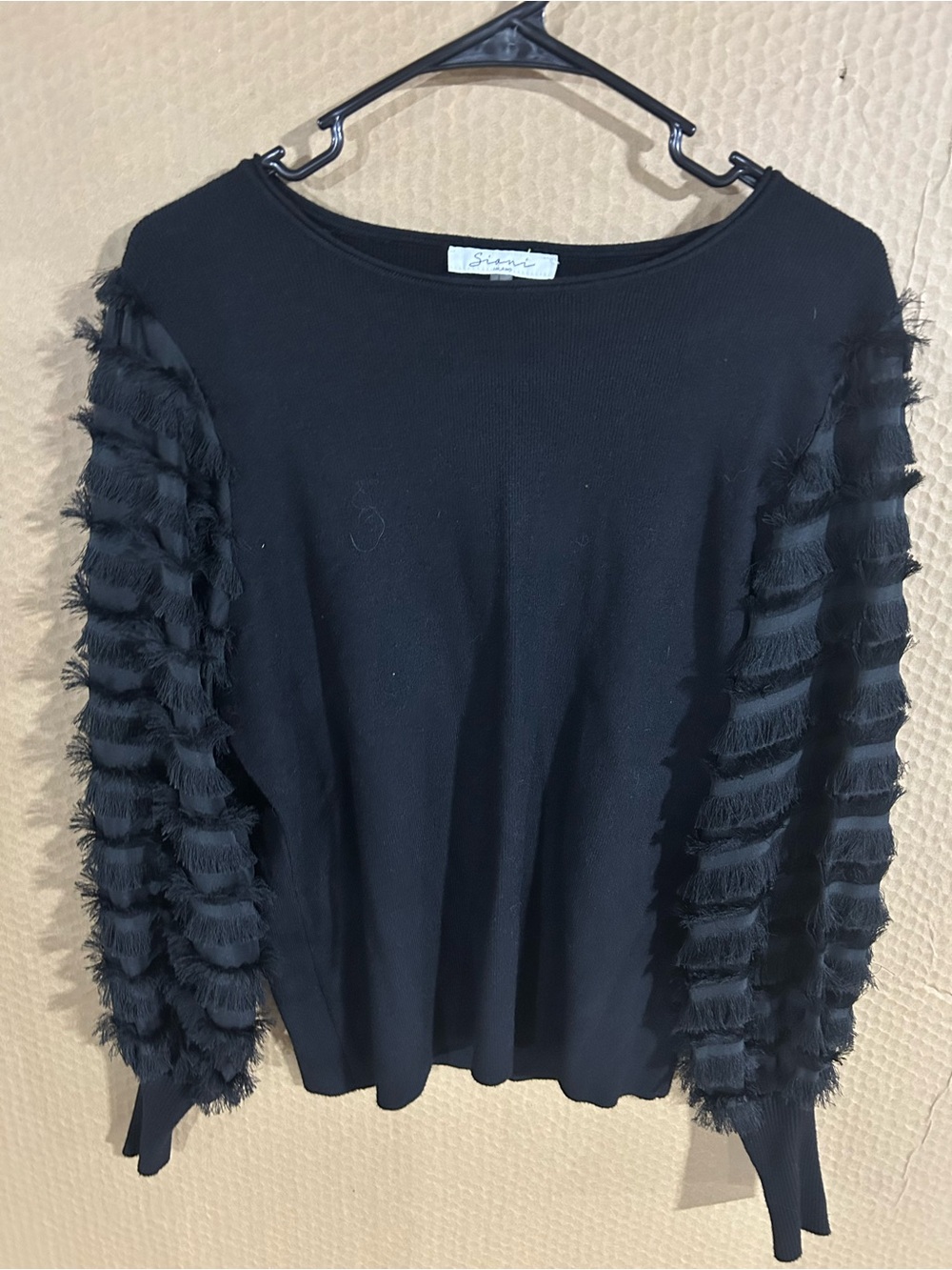 Sioni Black Fringe-Trim Long Sleeve Top